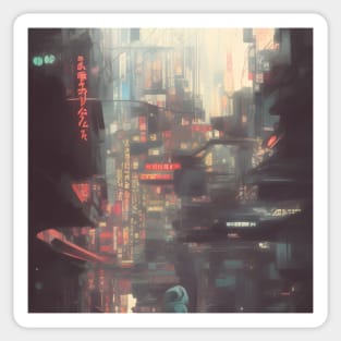 Urban Atmosphere Artistry - Moody Anime Noir Cinematic Japanese Cityscape Sticker